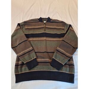Alex Cannon Mens Large 1/4 Zip Cotton Striped Sweater Green Brown Navy Preppy